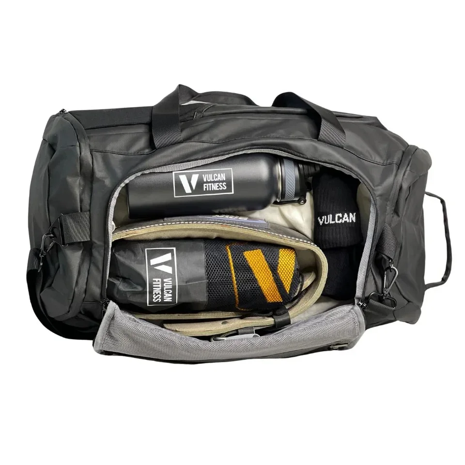 Vulcan fitness duffle bag packed with workout essentials for Health and Fitness enthusiasts. Visit waiteandsea.com.au