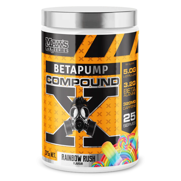 Max's Lab Series BetaPump Compound X pre-workout container in Rainbow Rush flavor.