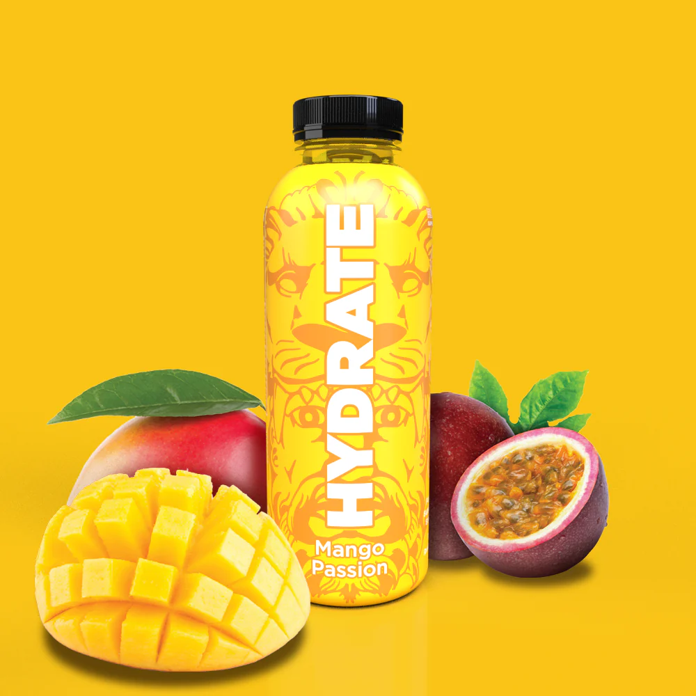 Hercules Hydrate Mango Passion drink surrounded by fresh mango and passionfruit on a yellow background.