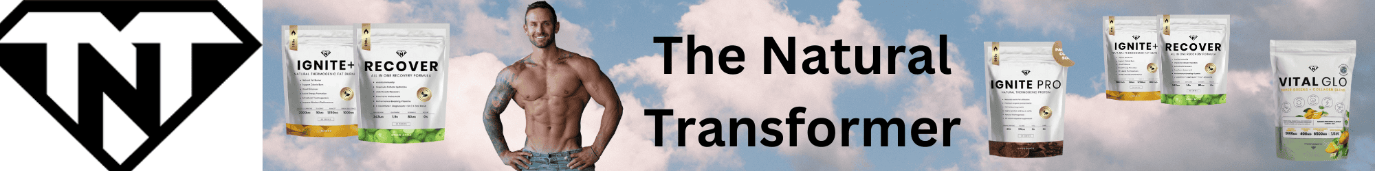 The Natural Transformer banner featuring protein products and a fit male model.