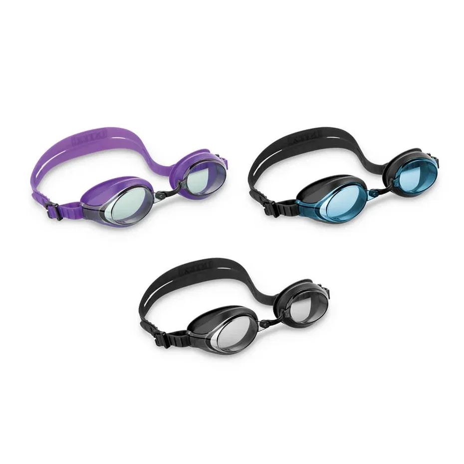 Three pairs of swimming goggles in purple, black, and teal for Health and Fitness activities. Visit waiteandsea.com.au