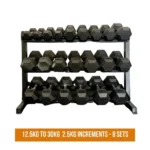 VULCAN Commercial Hex Dumbbells (12.5kg to 30kg in 2.5kg increments) displayed on a three-tier dumbbell rack for strength training. Visit waiteandsea.com.au