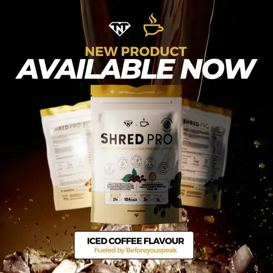 The Natural Transformer Shred Pro Iced Coffee Flavour product packaging with text "Available Now" and "New Product."