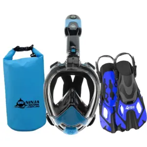 Ninja Shark snorkeling gear set with full-face mask, fins, and waterproof bag in blue.