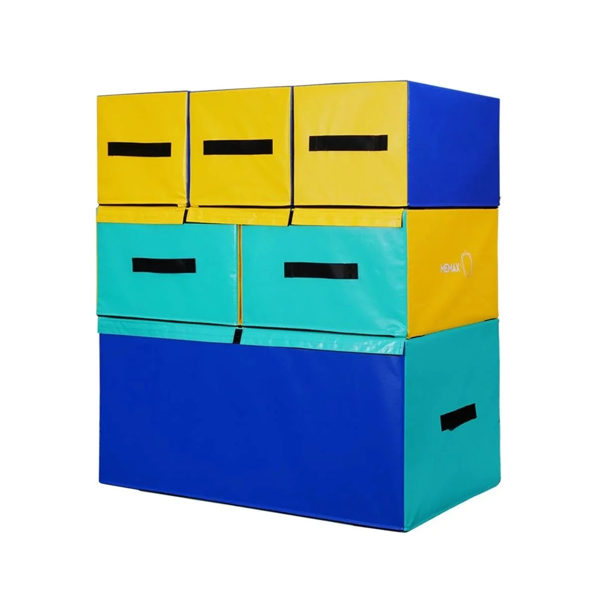 Stackable soft plyometric boxes in blue, yellow, and green, designed for jump training and functional fitness. Visit waiteandsea.com.au