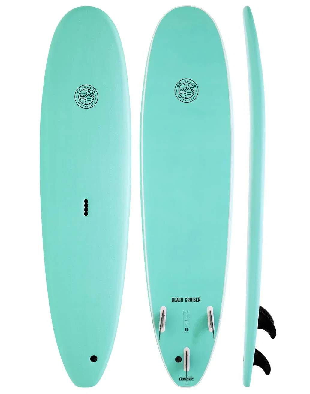 Gnaraloo Beach Cruiser Surfboard in turquoise, displayed from multiple angles.