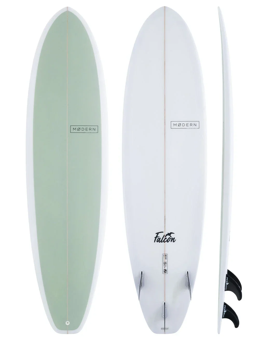 Modern Falcon surfboard in olive and white, shown from multiple angles.