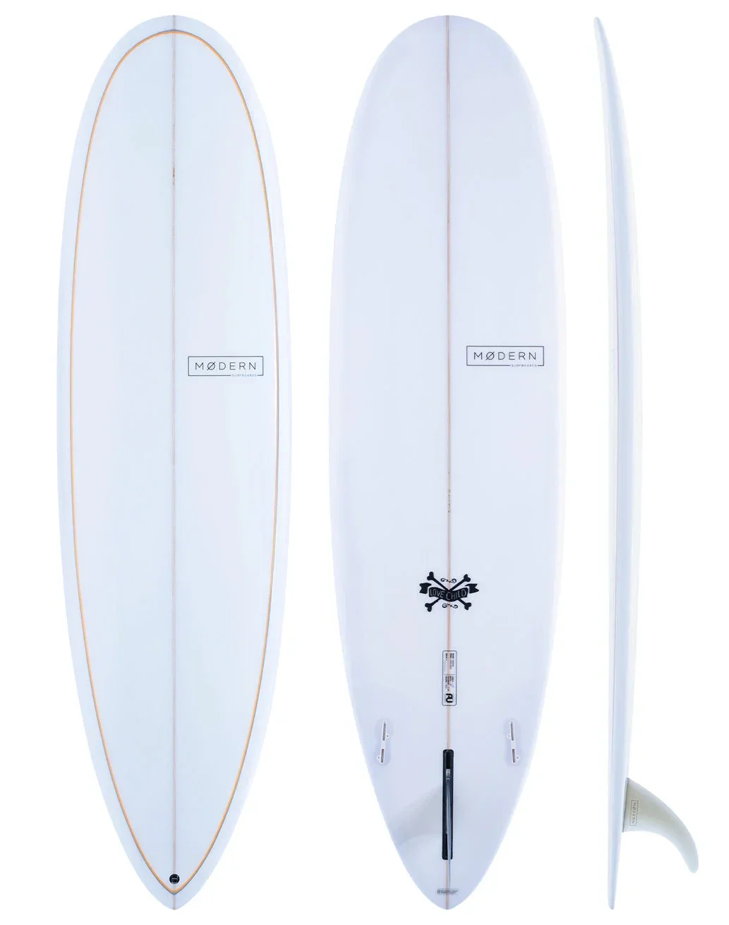 Modern Love Child surfboard in white with orange and black pin lines, shown from multiple angles.