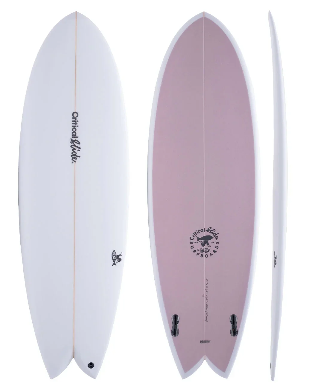 TCSS Angler surfboard in white and lilac, displayed from multiple angles.