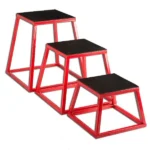 Set of three red steel plyometric boxes with non-slip surfaces for jump training and functional fitness. Visit waiteandsea.com.au