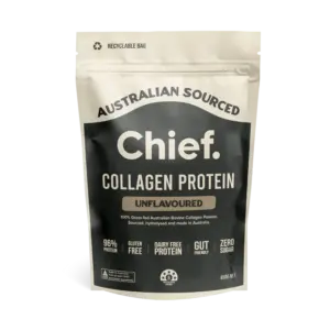 Chief Collagen Protein Powder (Unflavoured) in a resealable pouch, sourced from Australian grass-fed cattle, available at waiteandsea.com.au.