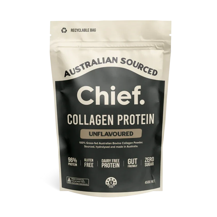 Chief Collagen Protein Powder (Unflavoured) in a resealable pouch, sourced from Australian grass-fed cattle, available at waiteandsea.com.au.