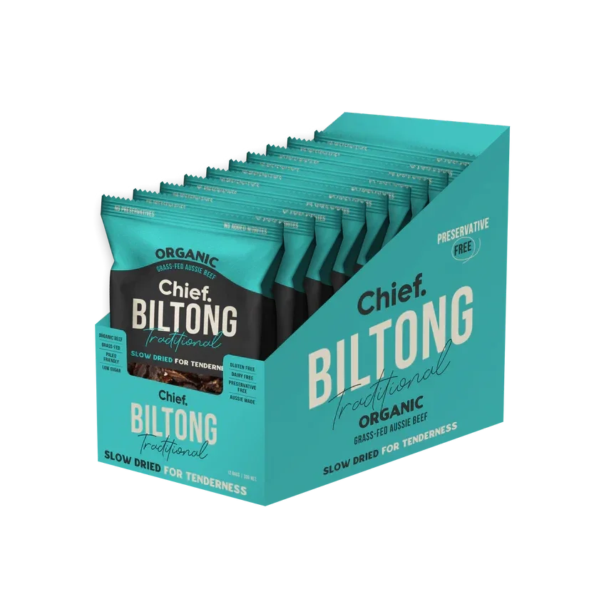 Chief Organic Traditional Biltong in teal retail display packaging, offering high-protein, slow-dried beef snacks, available at waiteandsea.com.au.