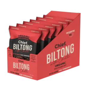 Chief Organic Biltong with Chilli in retail display packaging, offering premium, slow-dried beef snacks, available at waiteandsea.com.au.