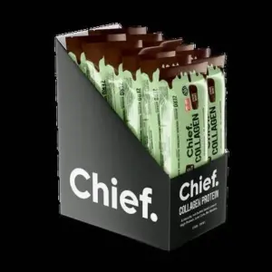 Chief Collagen Protein Bars in Chocolate Mint flavor, neatly displayed in a retail box, available at waiteandsea.com.au.
