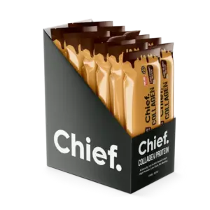 Chief Chocolate Peanut Butter Collagen Protein Bars in a black retail display box, featuring peanut butter-flavored high-protein snacks, available at waiteandsea.com.au.