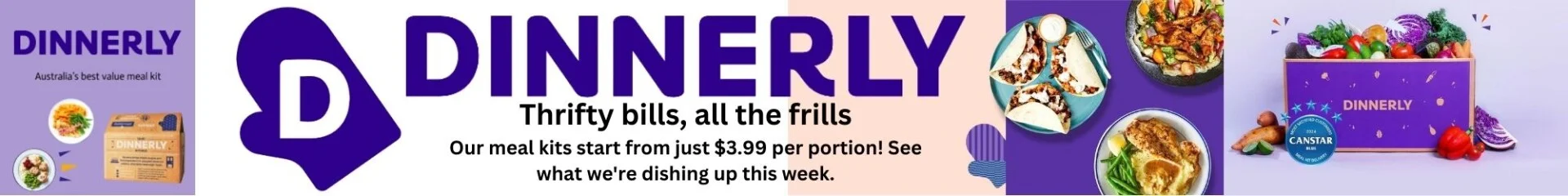 Dinnerly banner promoting affordable meal kits with easy recipes.