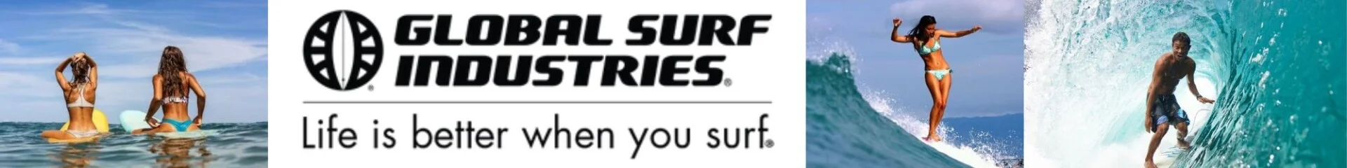 Global Surf Industries banner featuring surfers enjoying waves and beach life.