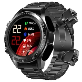 Smartwatch with steel strap and integrated earbuds, ideal for Health and Fitness tracking and daily activity monitoring. Visit waiteandsea.com.au