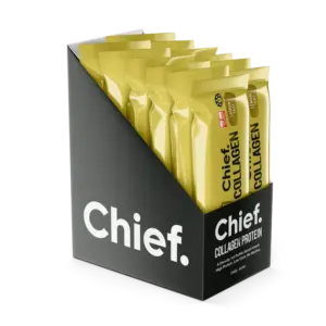 Chief Lemon Tart Collagen Protein Bars in a black retail display box, showcasing the lemon-flavored protein snacks, available at waiteandsea.com.au.