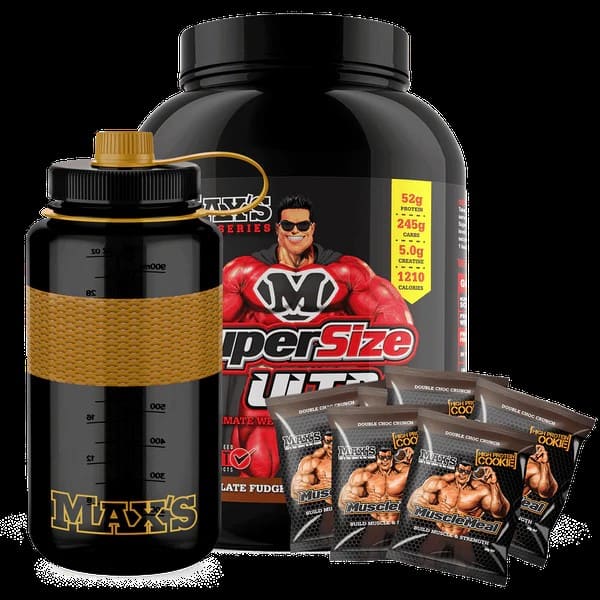 Max's SuperSize Ultra Pack, featuring a black water bottle and supplement sachets alongside a large black container of protein powder.