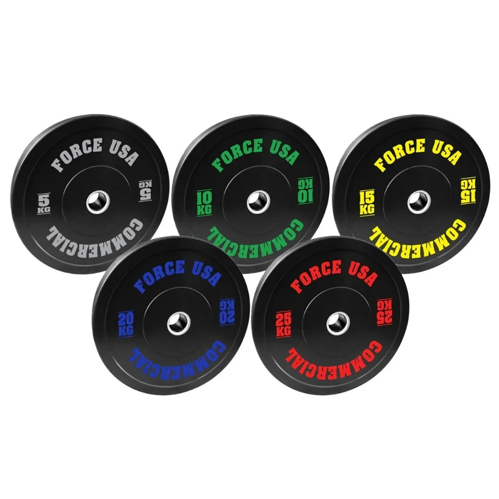 FORCE USA commercial bumper plates in various weights with colour-coded labels for strength training and weightlifting. Visit waiteandsea.com.au