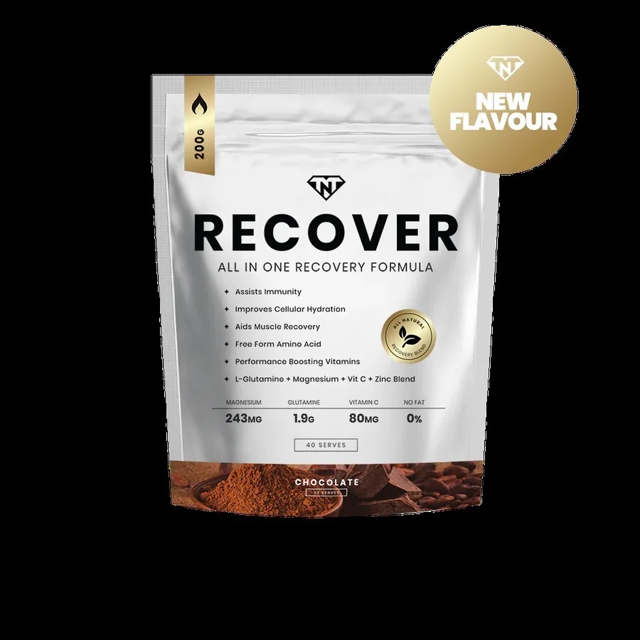 A pouch labeled RECOVER All-in-One Recovery Formula in Chocolate flavor with a "NEW FLAVOUR" badge.
