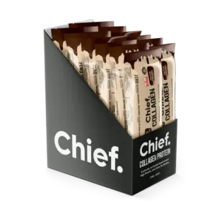 Chief Salted Caramel Collagen Protein Bars in a retail display box, high in protein and made for clean snacking, available at waiteandsea.com.au.