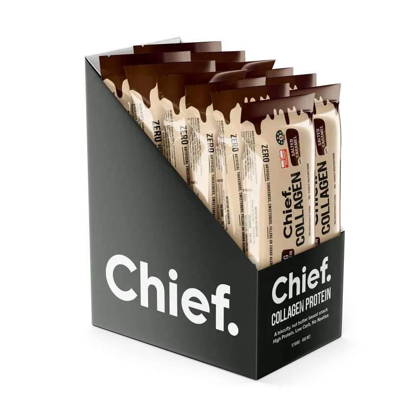 Chief Salted Caramel Collagen Protein Bars in a retail display box, high in protein and made for clean snacking, available at waiteandsea.com.au.