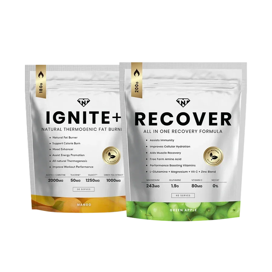 Two protein supplement bags labeled IGNITE+ Natural Thermogenic Fat Burner and RECOVER All-in-One Recovery Formula.