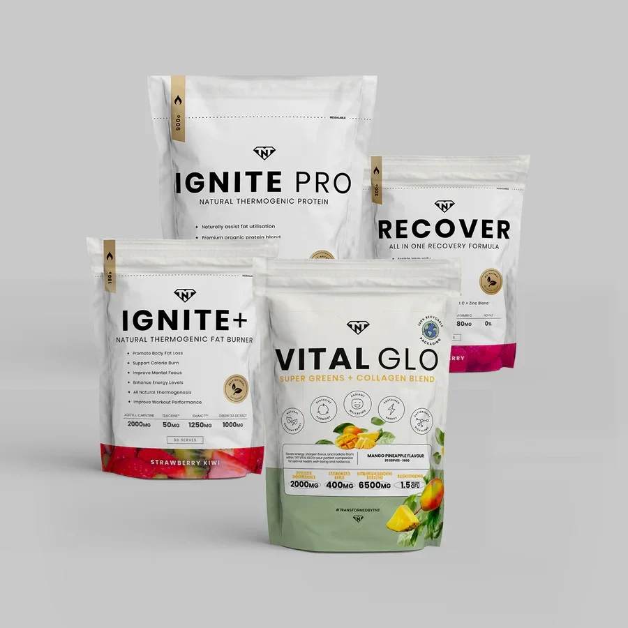 A set of four supplement pouches: IGNITE PRO, RECOVER, IGNITE+, and VITAL GLO by The Natural Transformer.