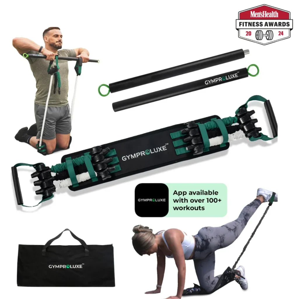 GYMPROLUXE portable resistance band bar set with handles, accessories, and app access for strength and fitness training. Visit waiteandsea.com.au