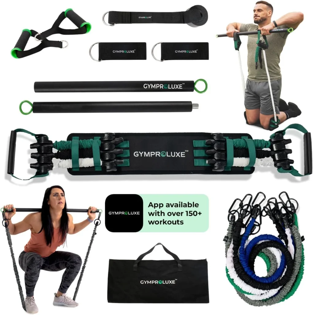 GYMPROLUXE all-in-one resistance band bar set with handles, bands, accessories, and app access for strength training. Visit waiteandsea.com.au