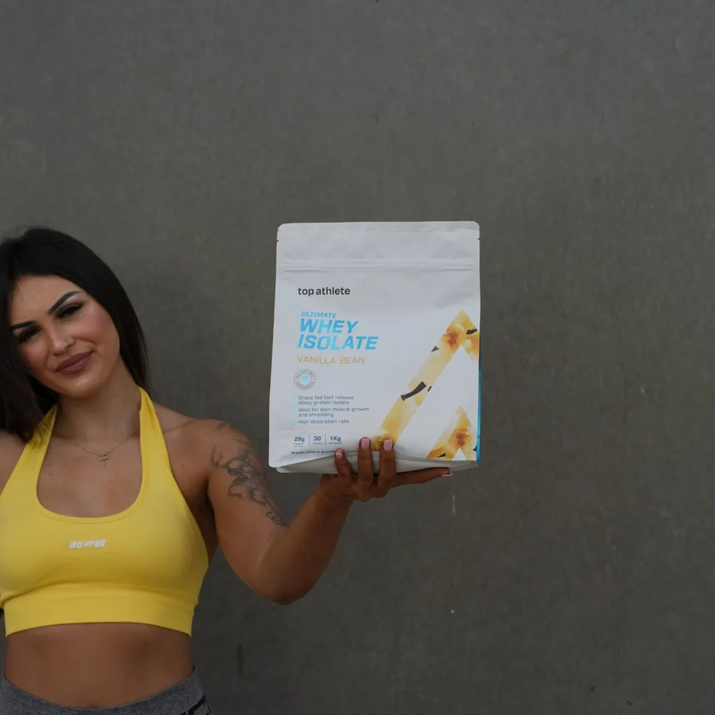Top Athlete Ultimate Whey Isolate in Vanilla Bean flavour, a premium protein supplement for muscle recovery. Available at waiteandsea.com.au.