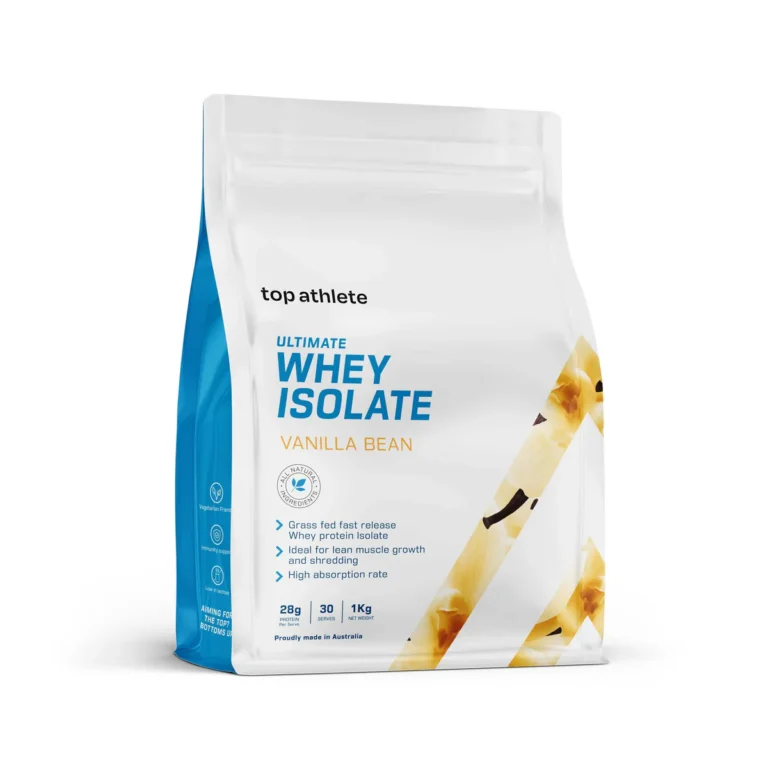 Top Athlete Ultimate Whey Isolate in Vanilla Bean flavour, a premium protein supplement for muscle recovery. Available at waiteandsea.com.au.