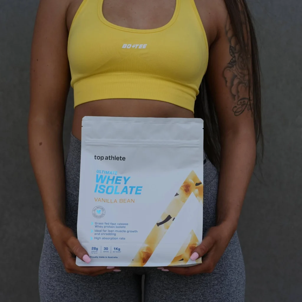 Top Athlete Ultimate Whey Isolate in Vanilla Bean flavour, a premium protein supplement for muscle recovery. Available at waiteandsea.com.au.