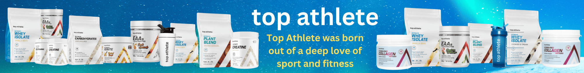 A wide promotional banner featuring a variety of Top Athlete products, with text highlighting Top Athlete’s dedication to sports, health and fitness.