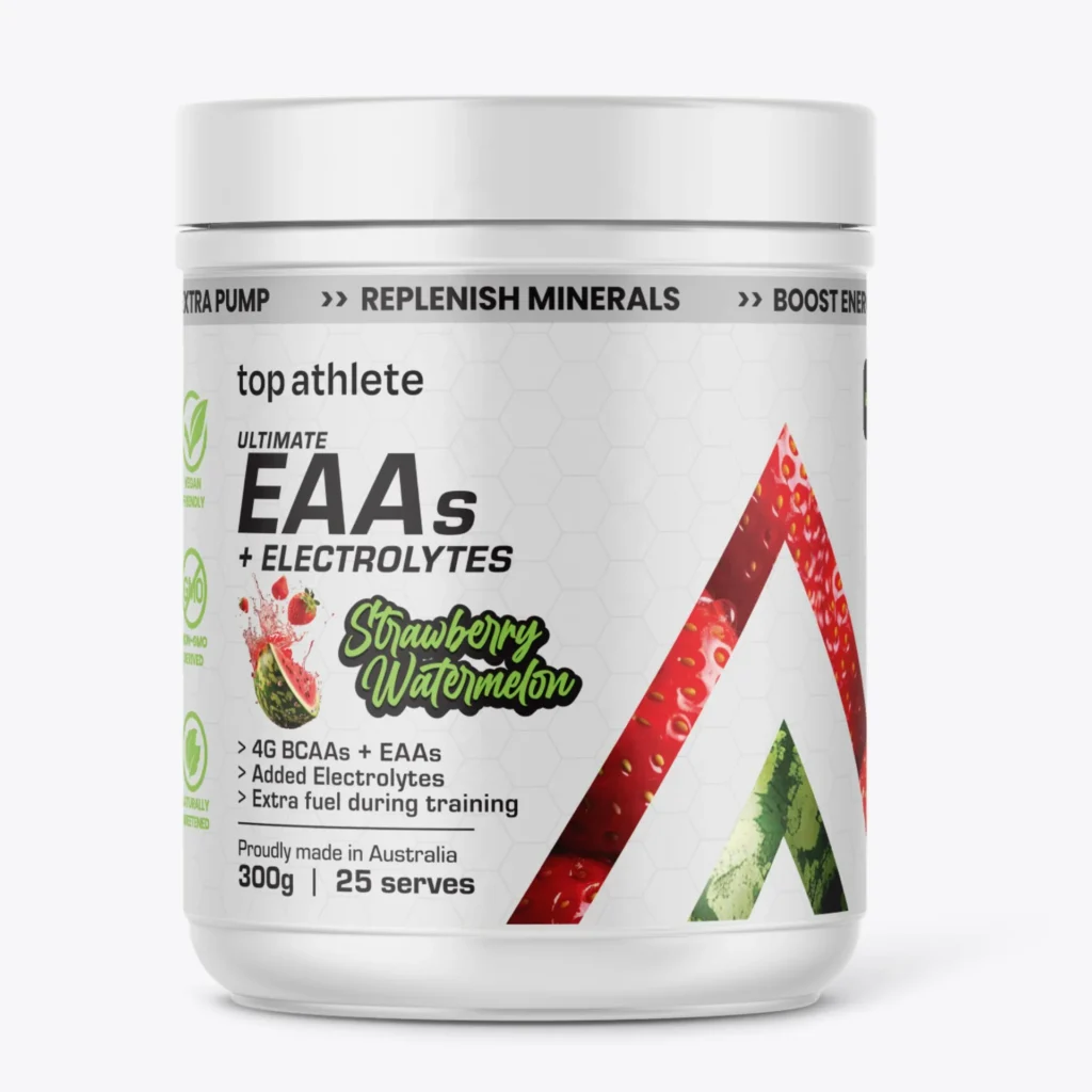 Top Athlete Ultimate EAAs + Electrolytes supplement in Strawberry Watermelon flavor for hydration and recovery. Available at waiteandsea.com.au.