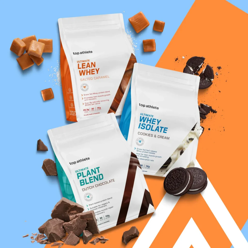 Top Athlete Mixed Protein Bundle featuring Lean Whey (Salted Caramel), Plant Blend (Dutch Chocolate), and Whey Isolate (Cookies & Cream) protein powders. Available at waiteandsea.com.au.