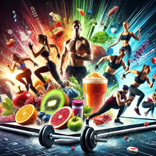 A group of athletes and personal trainers in action, with healthy food elements symbolizing nutrition. The image highlights fitness and proper fueling for peak performance.