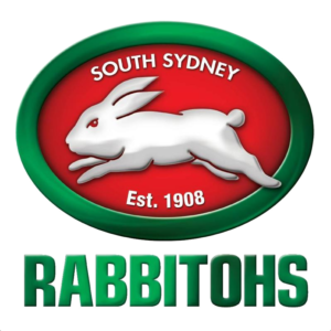 "The official South Sydney Rabbitohs NRL logo featuring a white rabbit leaping inside a red oval bordered in green, with the team name and establishment year displayed."