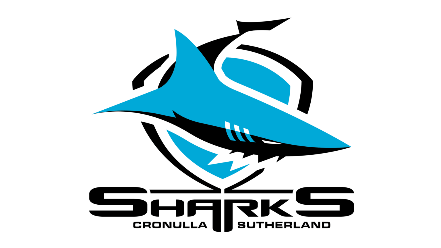 "The official Cronulla-Sutherland Sharks NRL logo featuring a dynamic blue shark with bold black accents and the team name below."