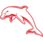 "The official Dolphins NRL logo featuring a sleek white dolphin outlined in red, symbolising agility, teamwork, and strength."