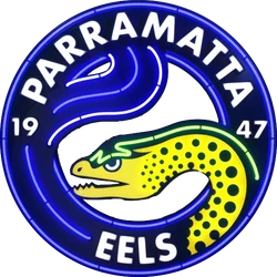 "The official Parramatta Eels NRL logo featuring a striking yellow and green eel encircled by a bold blue ring with the team name and establishment year."