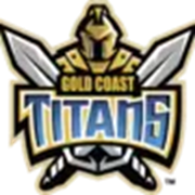 "The official Gold Coast Titans NRL logo featuring a bold warrior helmet with crossed swords behind the team name in gold and blue."