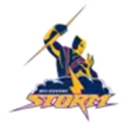 "The official Melbourne Storm NRL logo featuring a powerful figure holding a lightning bolt, symbolising strength and intensity, with the team name below."