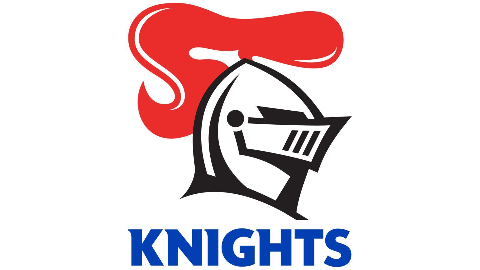 "The official Newcastle Knights NRL logo featuring a bold knight’s helmet with a flowing red plume and the team name below in blue."