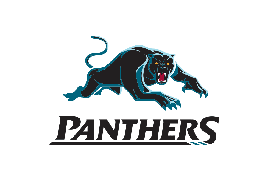 "The official Penrith Panthers NRL logo featuring a sleek and fierce black panther in a prowling stance with the team name below."