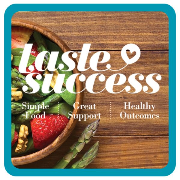 Taste Success logo featuring a bowl of fresh vegetables and fruits with text highlighting simple food, great support, and healthy outcomes