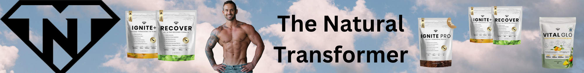 The Natural Transformer (TNT) banner showcasing fitness supplements with a muscular male figure.